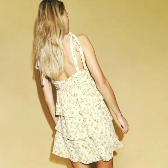 Reformation Avni Ruched Babydoll Mini Dress - White & Yellow Floral Print - XL - Picture 2 of 16